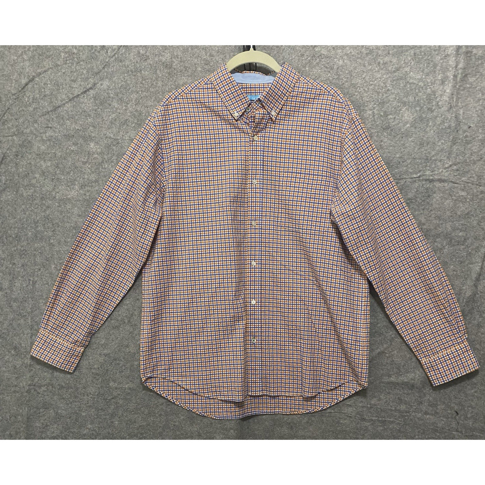 J. McLaughlin‎ Seersucker Shirt Mens Sz M Blue Orange Check Pocket Lightweight